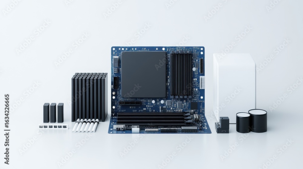 Poster computer motherboard components on a clean white background for technology use