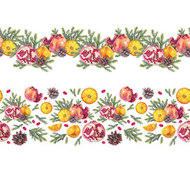 Watercolor set with seamless border Christmas tree branch with pomegranate orange and pine cone on white background. Forest sticker or card. Hand-drawn rim for New Year celebration wrapping wallpaper