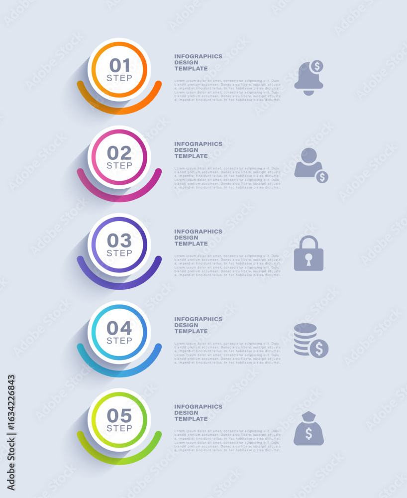Poster circular infographic elements arranged vertically. five steps infographic layout with icons and spac