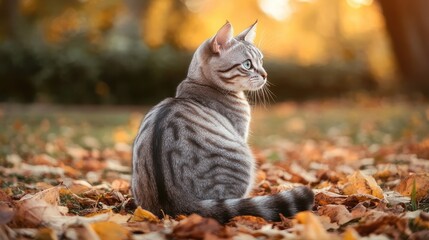 Fototapeta premium Silver tabby cat sits among fallen autumn leaf in golden light