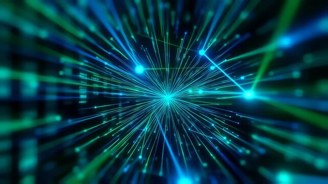Abstract vibrant teal and green light streaks converge at a central point, creating a dynamic, futuristic visual