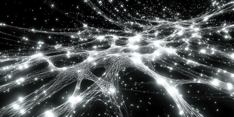 Glowing cosmic network pattern in black white. Futuristic style, iridescent glow, fluid connections. Background, digital art, modern web design, abstract visuals, creative banner.