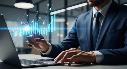 Businessman Analyzing Financial Growth with Futuristic Data Interface