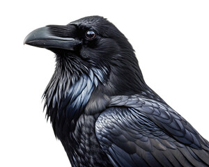 Fototapeta premium Close up of a raven with black feathers and beak against a black background in a studio shot