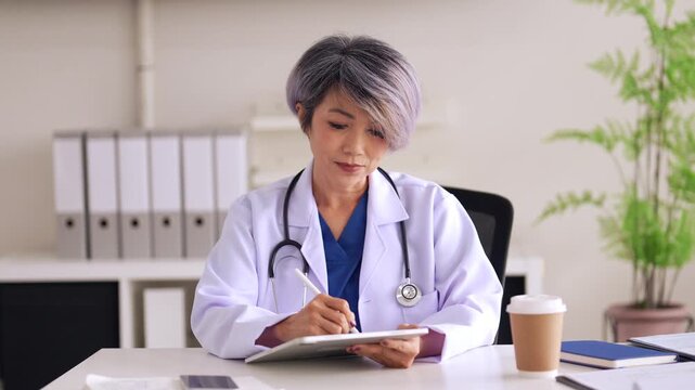 Asian adult female doctor busy working on a digital tablet in her modern medical office healthcare professional