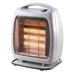 Fototapeta premium Portable electric heater with glowing orange elements and safety grill, grey plastic design, isolated on white background