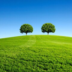 Fototapeta premium Two trees on a grassy hill under a clear blue sky