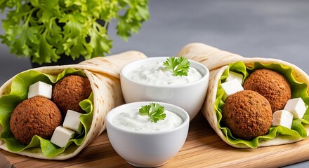 Delicious Falafel Wraps with Creamy Dip and Fresh Greens