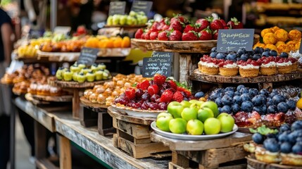 Obraz premium Fresh and Colorful Fruits and Pastries at Vibrant Market Stall