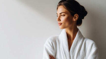 Fototapeta premium Relaxed Woman in White Robe Waiting for Spa Procedure in Serene Environment With Soft Lighting and Calming Atmosphere