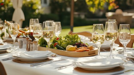 Elegant Outdoor Dining Setup with Fresh Food and Wine Glasses