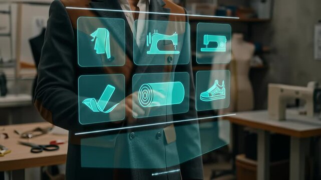Digital fashion planning comes to life as a professional male designer interactively utilizes an augmented reality holographic display within a modern studio setting.