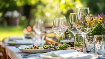 Elegant Outdoor Dining Setup with Fresh Salad and Glowing Glassware