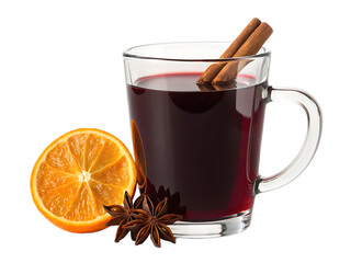 A clear mug filled with mulled wine garnished with cinnamon sticks orange and star anise on black backdrop