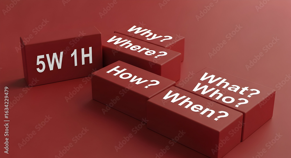 Poster 5w 1h concept on red blocks for business communication and problem-solving
