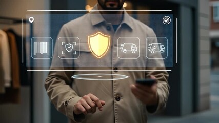 Digital security for smart logistics exemplified by an adult man interacting with a holographic interface featuring a protective shield, barcode, and delivery icons. - Powered by Adobe