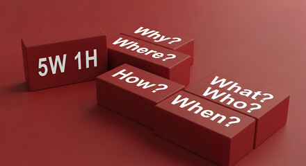 5W 1H concept on red blocks for business communication and problem-solving