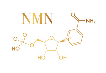 Molecular structure of NMN (Nicotinamide Mononucleotide) showing phosphate group, ribose sugar, and nicotinamide base. gold
