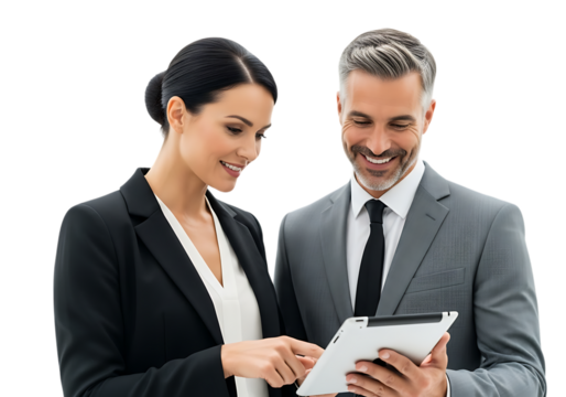 Business people using digital tablet in the office discussing ideas and planning strategy for success isolated on transparent background