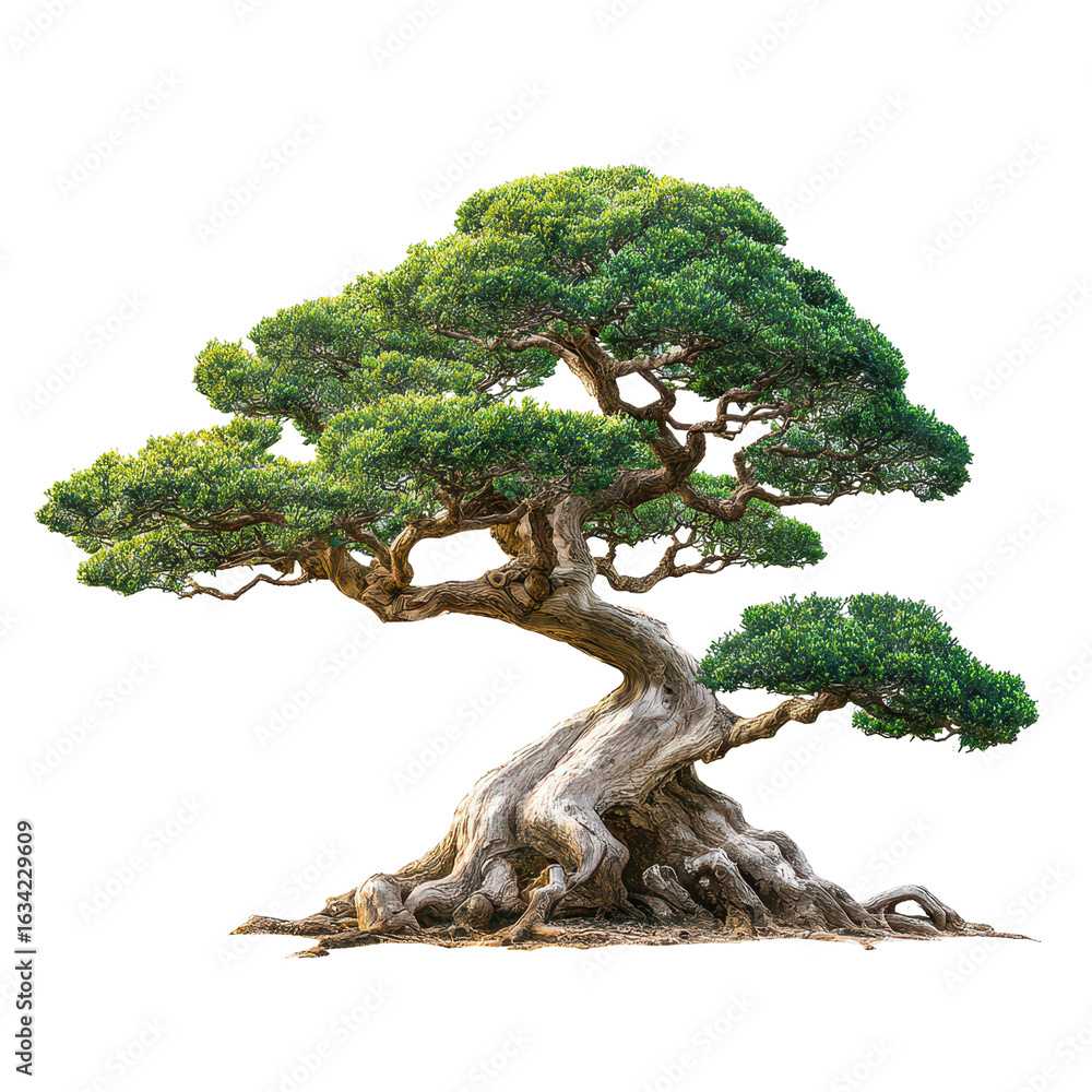 Poster intricate bonsai tree with twisting trunk and lush green foliage displayed in natural light in an ou
