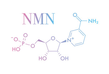 Molecular structure of NMN (Nicotinamide Mononucleotide) showing phosphate group, ribose sugar, and nicotinamide base. pastel color