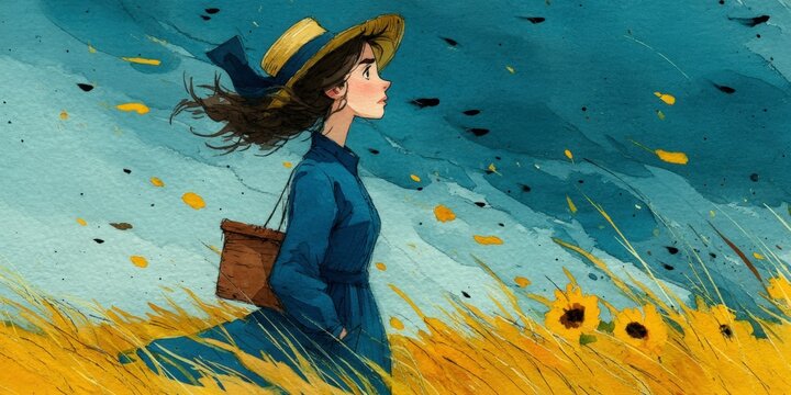 Woman in a Blue Dress Walking in a Sunflower Field