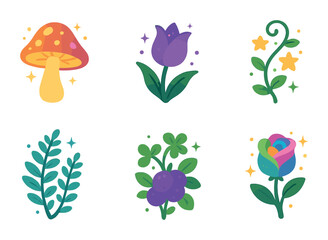 Magical Fairy Plants. Flat vector mini-illustrations Magical plants of the fairy realm in colors children's