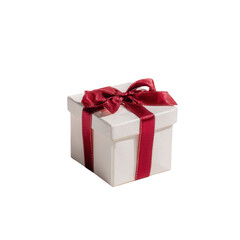 A beautifully wrapped white gift box with a red satin ribbon, perfect for any occasion, isolated on a white background.