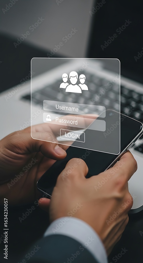 Poster a person is logging into an account on their smartphone, with a laptop in the background, showcasing