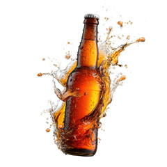 Splashing amber beverage bottle with water droplets captured in motion