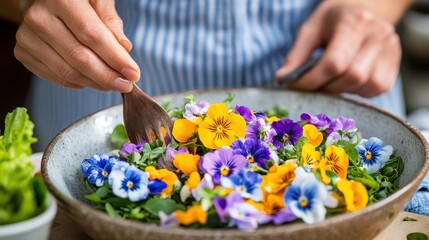 Fresh and Colorful Salad Preparation with Edible Flowers and Greens