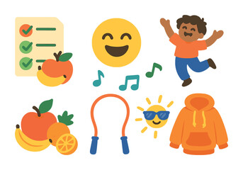 Joyful Habits Icons. Flat vector mini-illustrations happiness habits in colors children's illustrations: