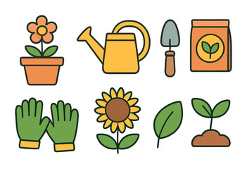 Gardening Tools Icons. Flat vector mini-illustrations gardening and plant care hobbies in colors children's
