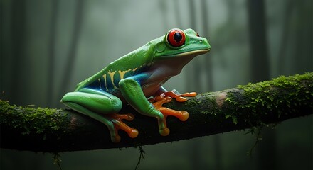 Obraz premium Vibrant Red-Eyed Tree Frog Perched on Mossy Branch in Rainforest