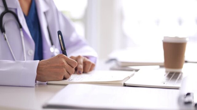 Focused Adult Medical Doctor Hand Writes Patient Records Prescriptions On Paper At Office Desk Clinic Hospital Setting Healthcare