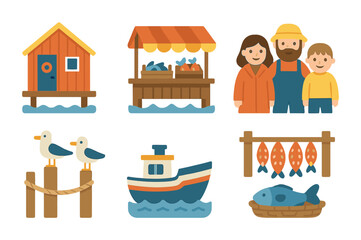 Obraz premium Coastal Fishing Village Icons. Flat vector mini-illustrations coastal fishing villages in colors children's