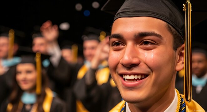 Tears of Joy Streaming During Graduation Ceremony as Student Achieves Lifelong Academic Milestone