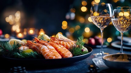 Elegant Seafood Platter with Shrimp and Yellow Lemons on Table