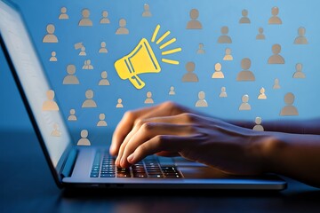 Hands typing on a laptop with a digital megaphone and network of people icons symbolizing online marketing and communication strategy in a modern business context