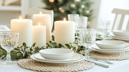 Elegant Table Setting with Candles and Greenery for Holiday Dining