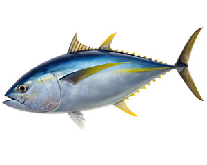 Naklejka premium Illustration of a tuna fish with blue and silver body and yellow fins on a black background
