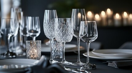 Elegant Table Setting with Crystal Glassware and Soft Lighting