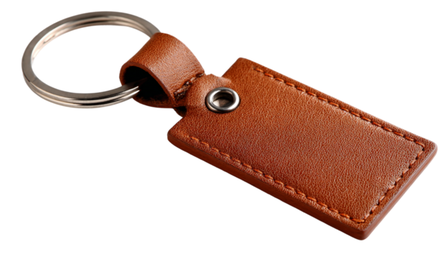 Brown leather keychain with metal ring isolated on transparent background