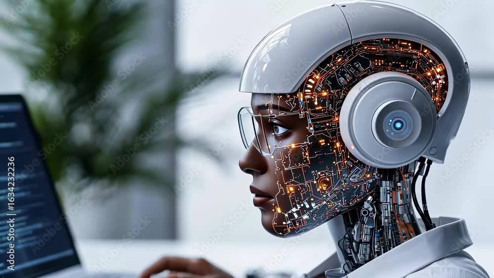Poster futuristic robot working on a laptop in a modern setting