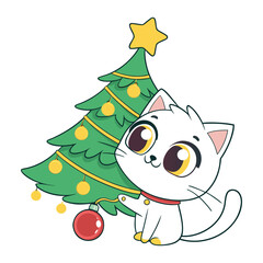 Cute holiday cartoon illustration of a funny kitten playing with Christmas tree and gifts
