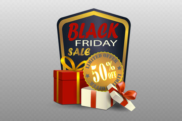 Black Friday badge with elegant gift boxes and glowing golden label