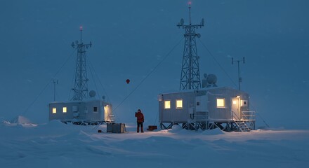 Fototapeta premium Antarctic Research Station at Night: Illuminated Structures in the Frozen Landscape