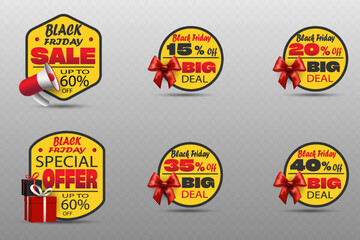 Black Friday discount label collection with special offer design.