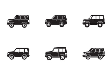 Set of black SUV car silhouette illustrations on a white background off road vehicle designs automotive industry and transportation concept