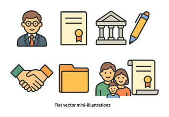 Legal Icons for Kids. Flat vector mini-illustrations legal advice for wills in colors children's illustrations